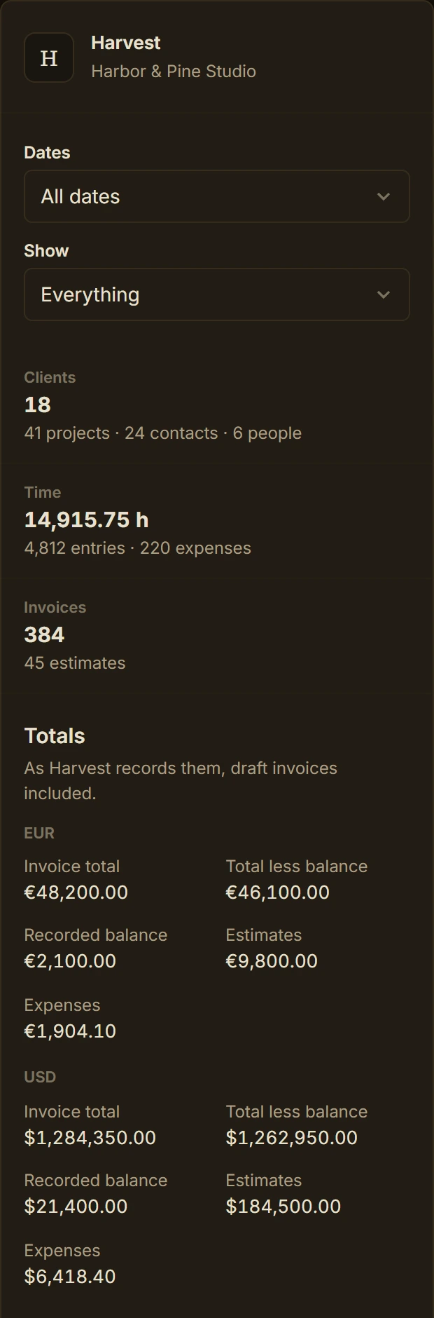 The same Harvest account on a phone, in dark mode