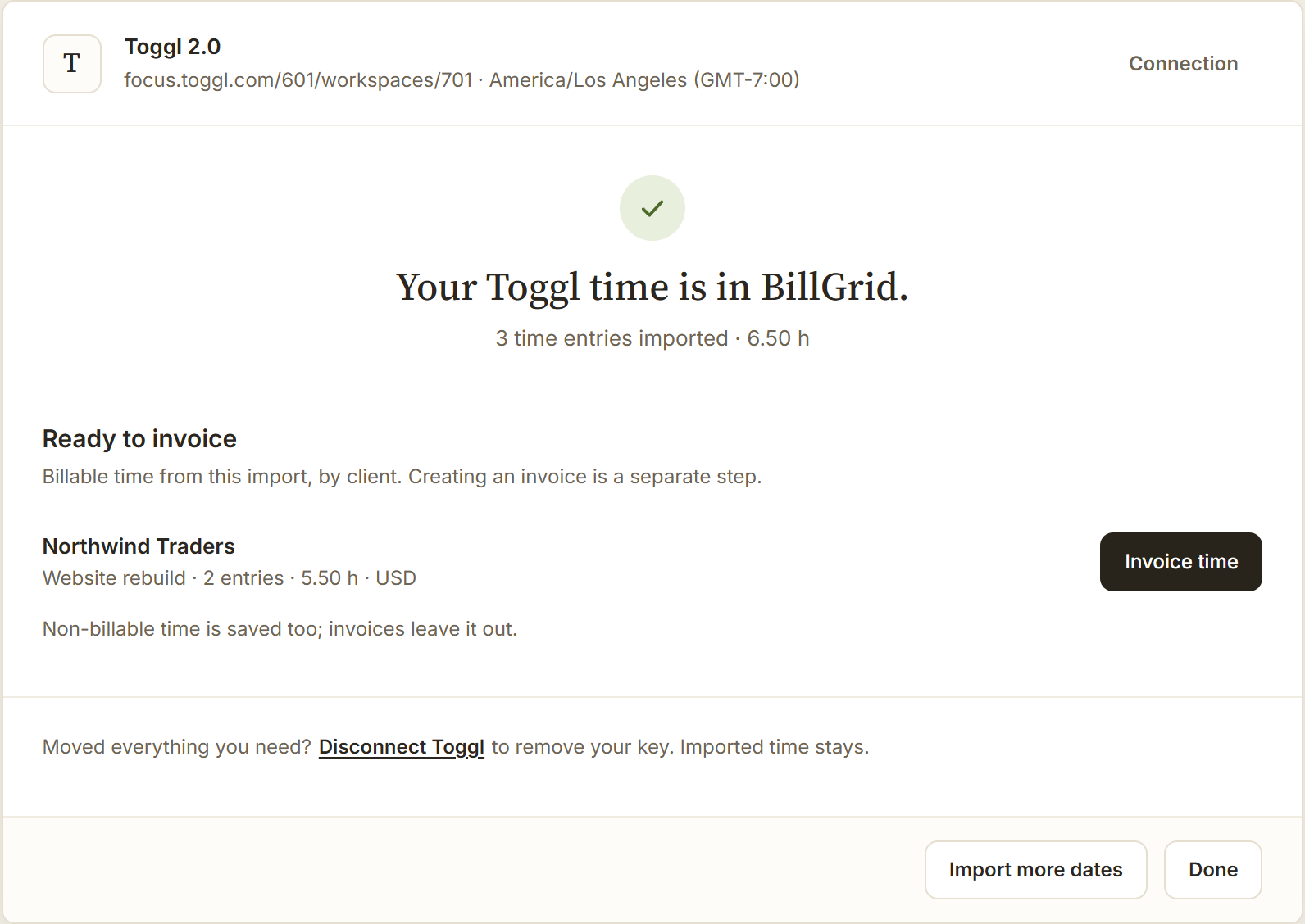 Import from Toggl complete: three entries, 6.50 hours, with Northwind Traders ready to invoice