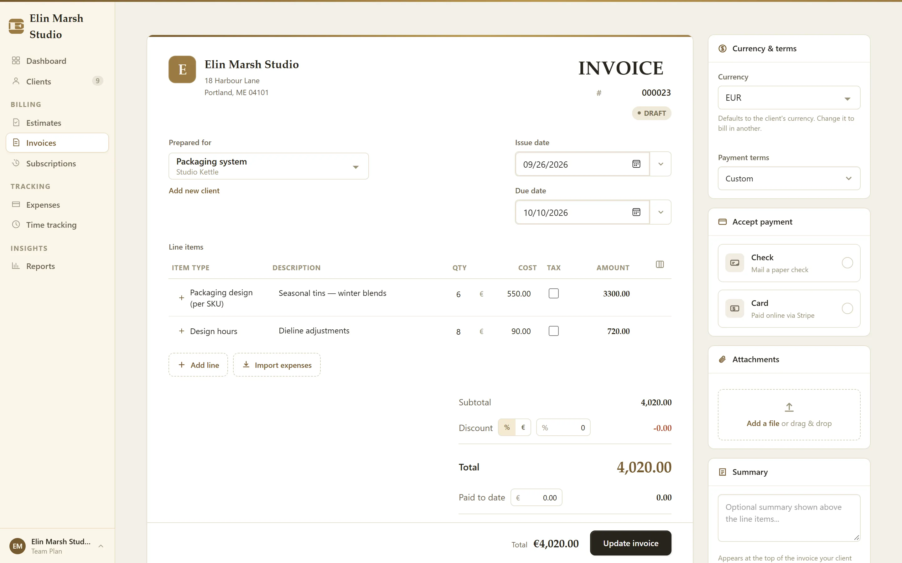 The BillGrid invoice editor: client, dates, line items with tax, discount and total, beside currency, payment options and attachments