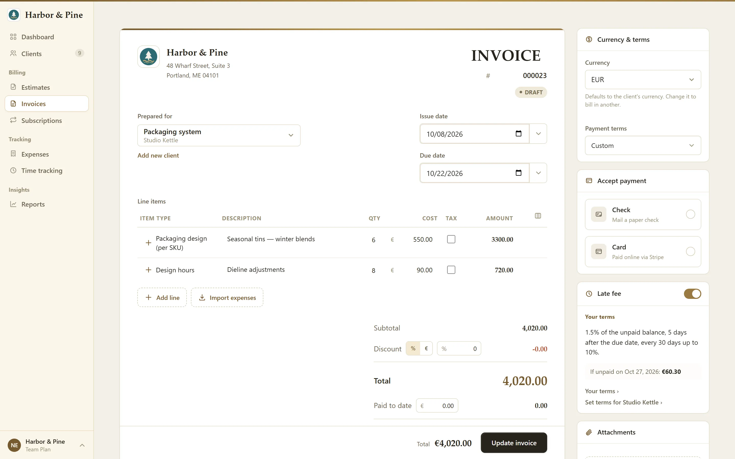 The BillGrid invoice editor: client, dates, line items with tax, discount and total, beside currency, payment options and attachments