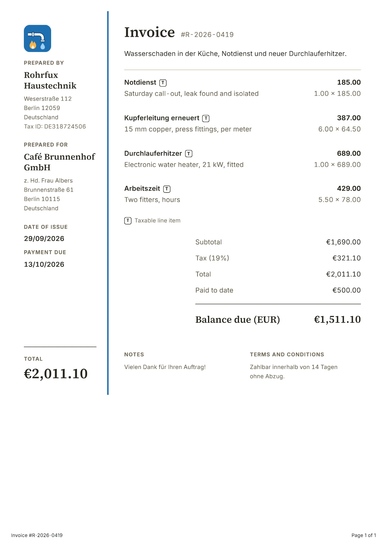 Rohrfux Haustechnik's invoice, €2,011.10, in the Sidebar style