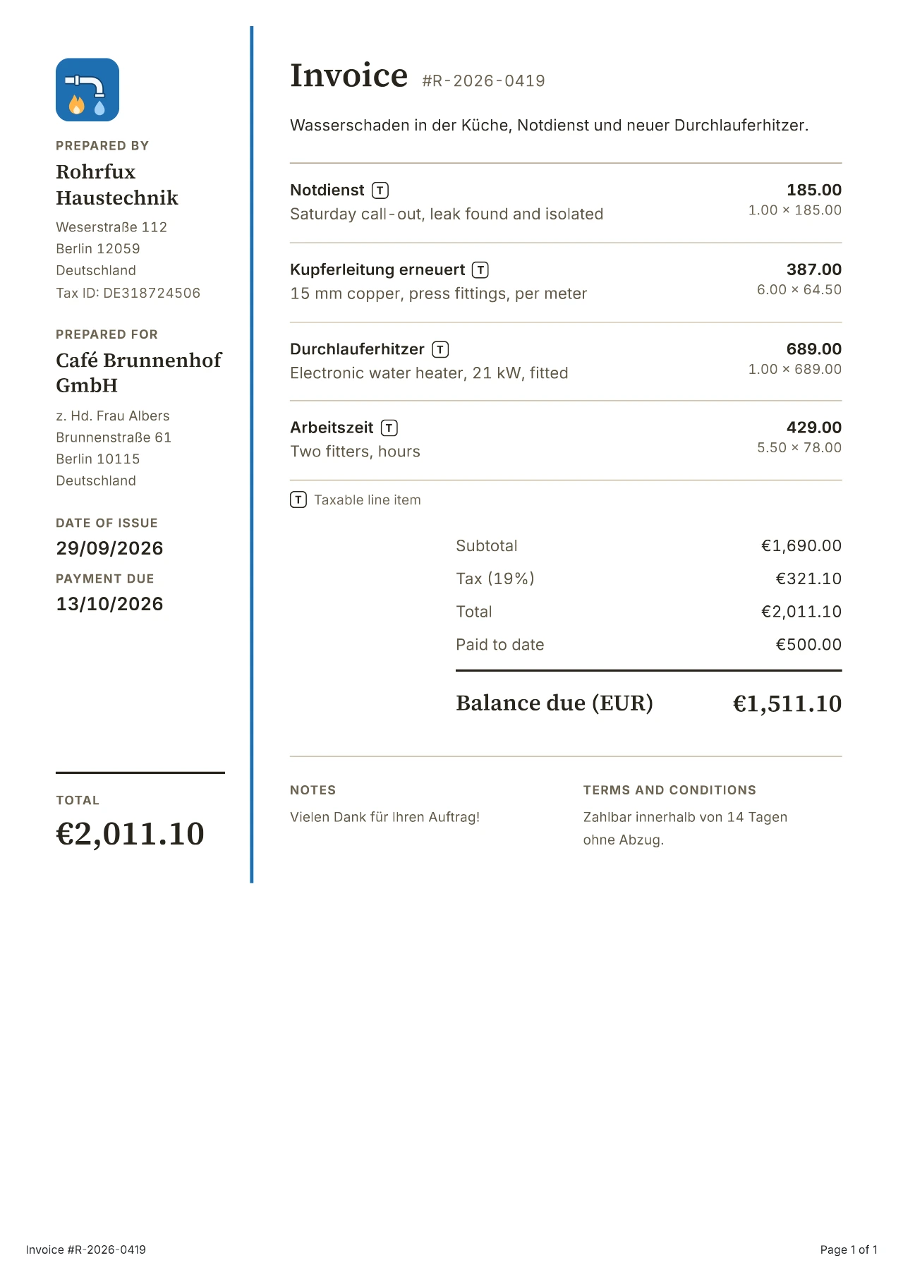 Rohrfux Haustechnik's invoice, €2,011.10, in the Sidebar style