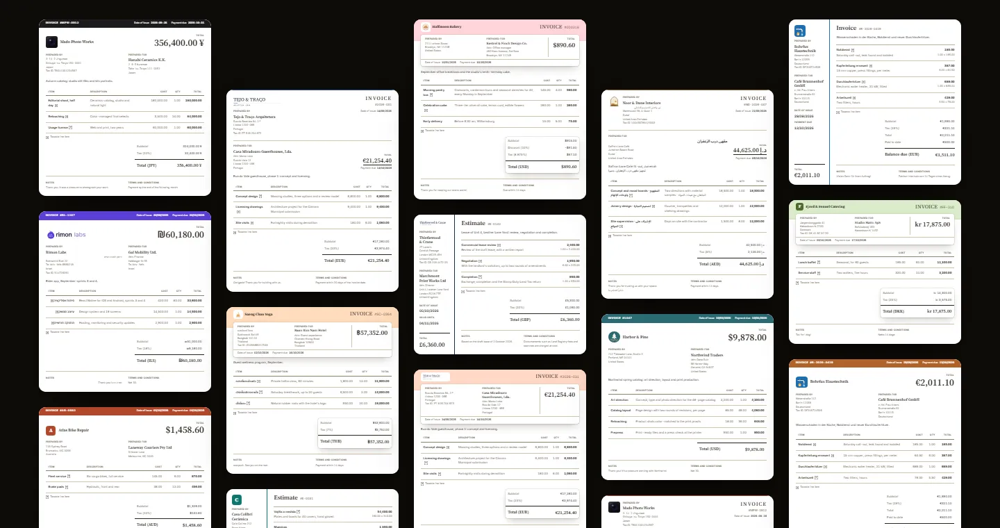 A wall of invoices from fictional businesses around the world, in four styles and many brand colors, currencies and scripts