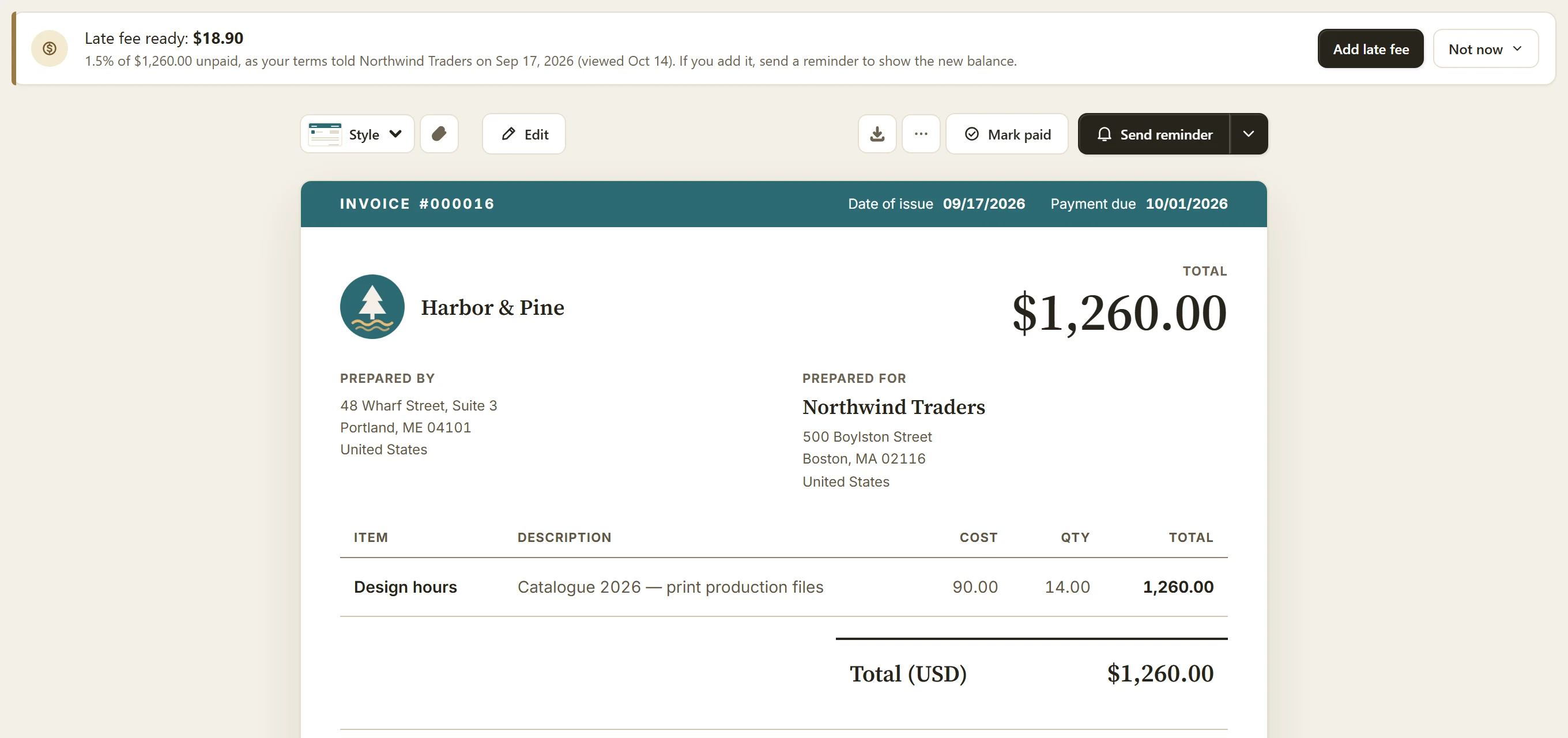 An overdue invoice with its late fee ready: two reminders sent, the fee one click away, the terms printed on the invoice