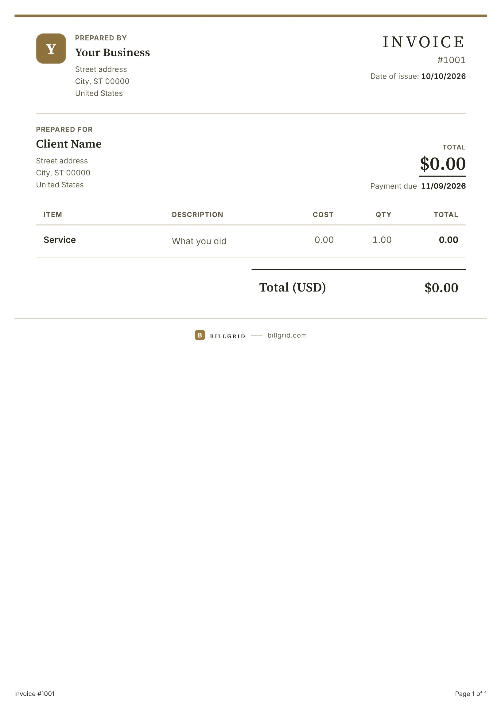 A blank invoice template, ready to fill in with the BillGrid free invoice generator