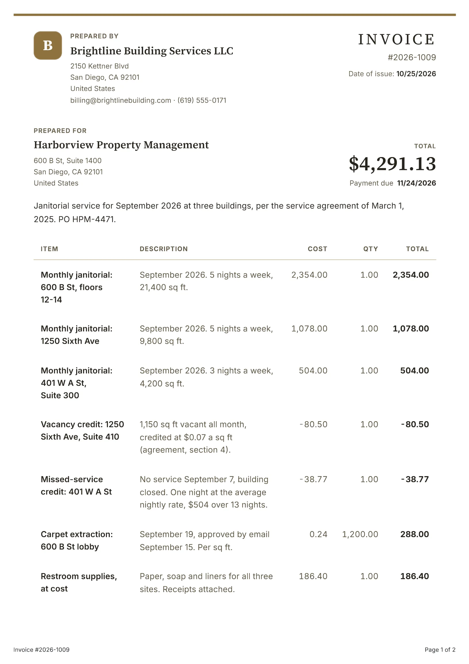 Cleaning invoice template: a filled-in sample made with the BillGrid free invoice generator