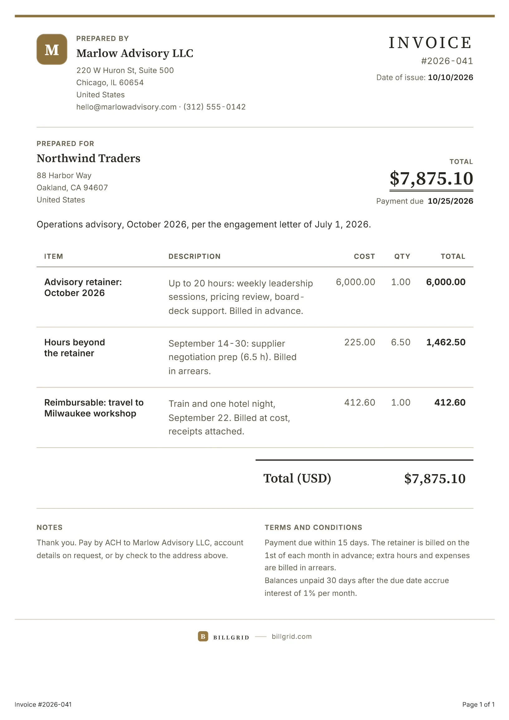 Consulting invoice template: a filled-in sample made with the BillGrid free invoice generator