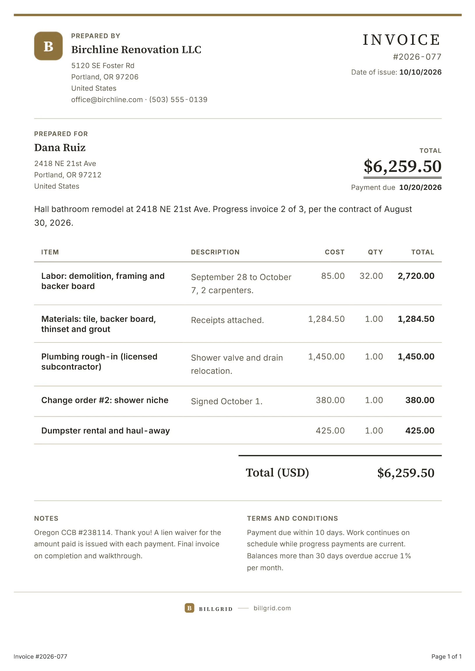 Contractor invoice template: a filled-in sample made with the BillGrid free invoice generator