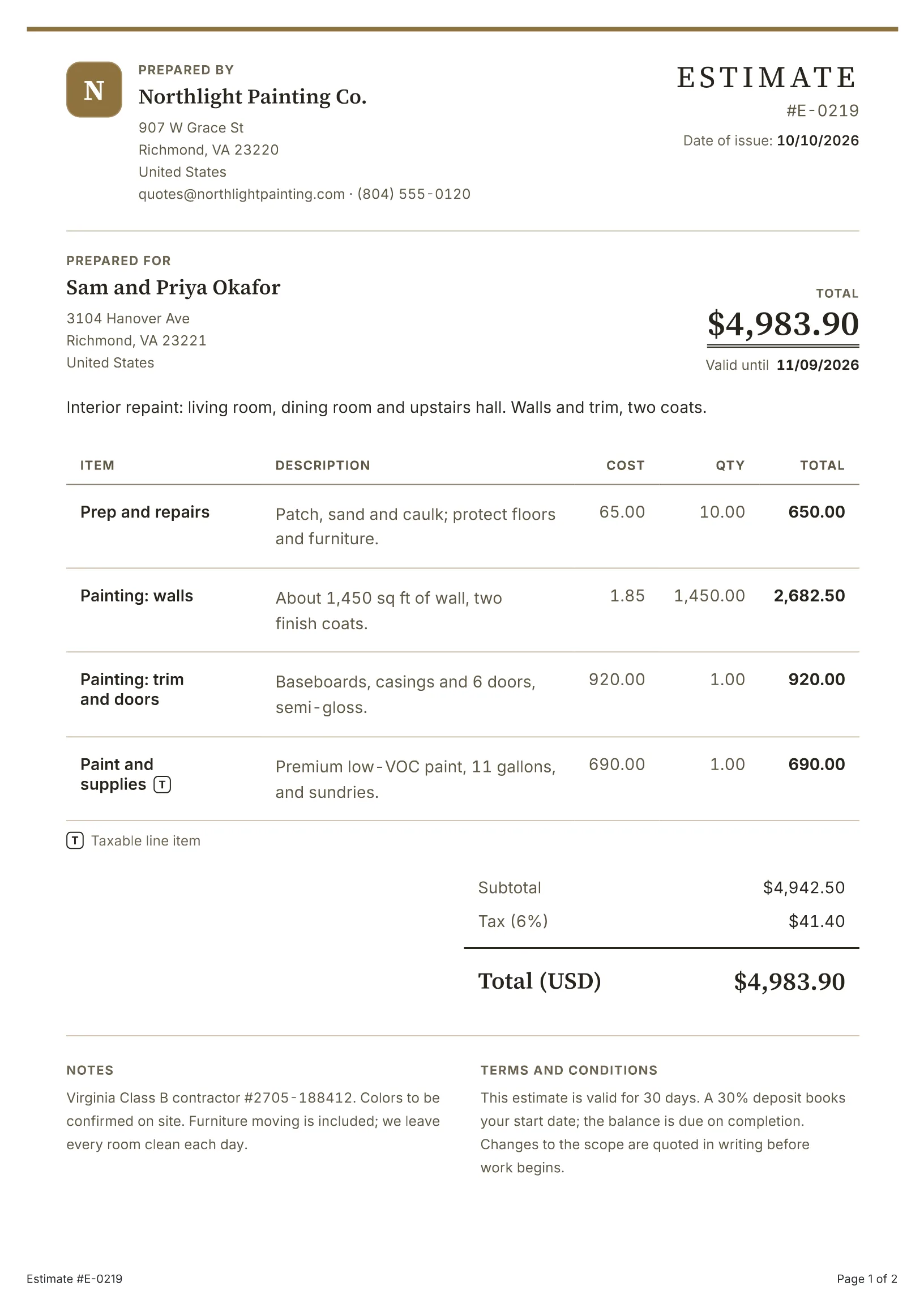 Estimate estimate template: a filled-in sample made with the BillGrid free invoice generator