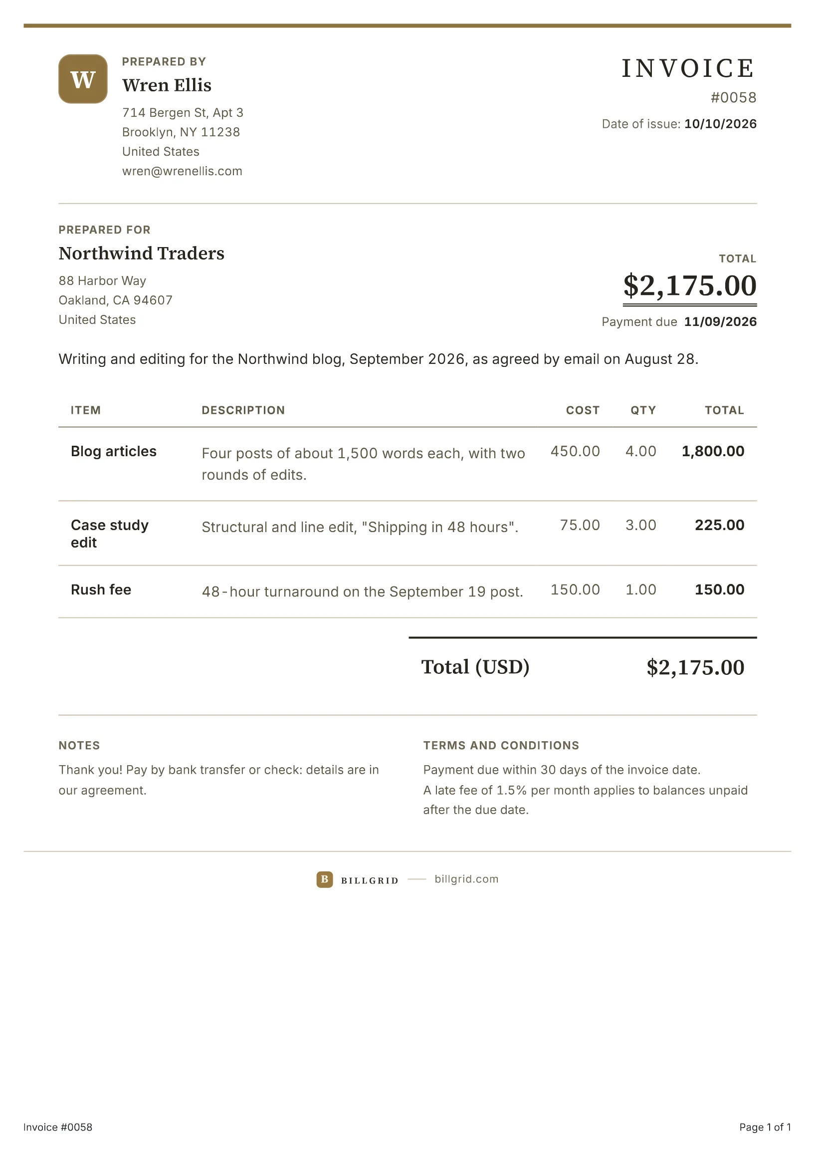 Freelance invoice template: a filled-in sample made with the BillGrid free invoice generator