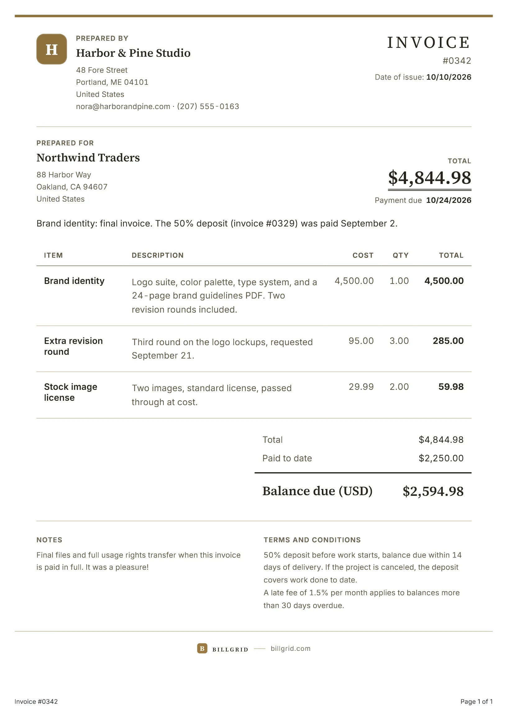 Graphic design invoice template: a filled-in sample made with the BillGrid free invoice generator
