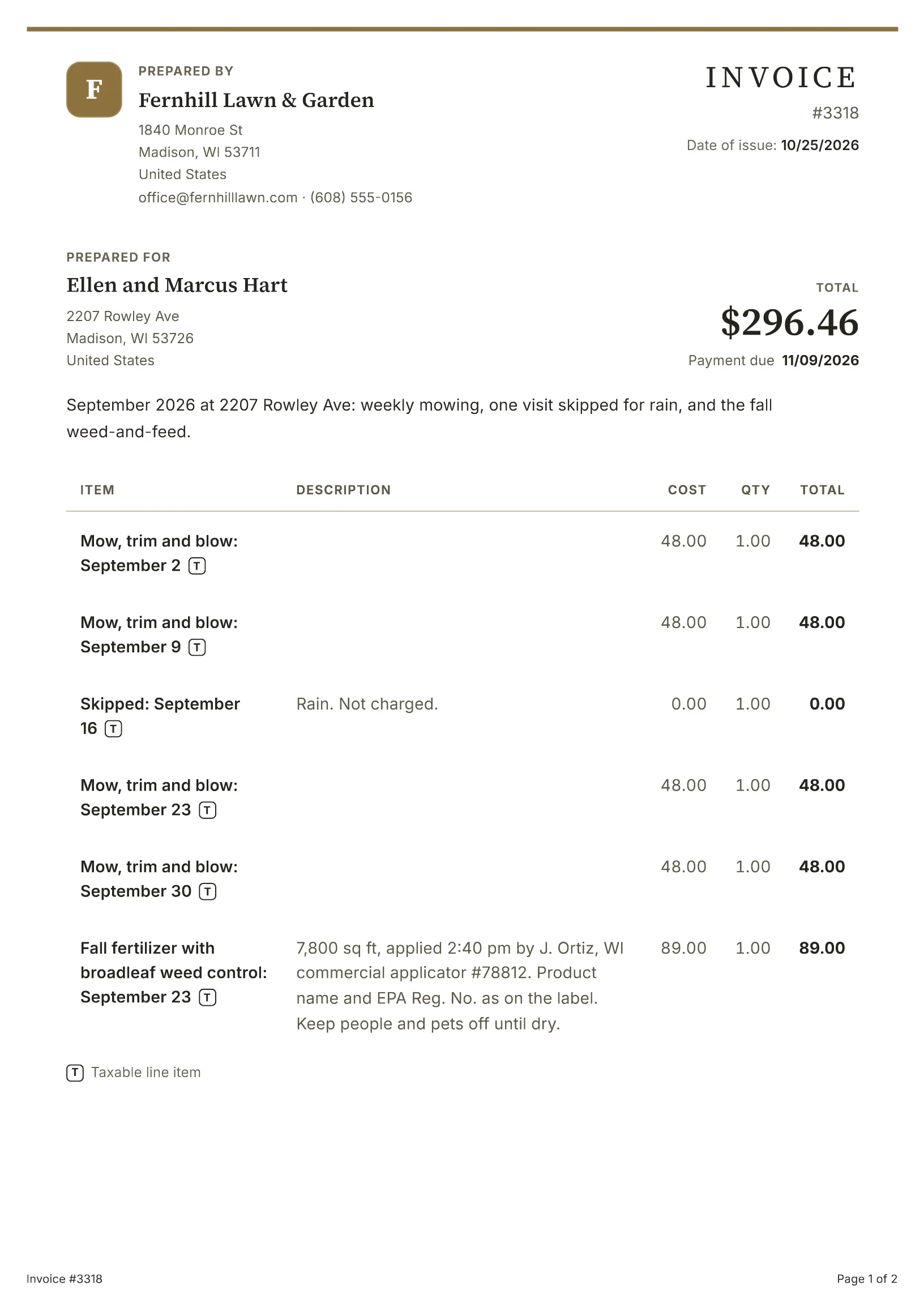 Lawn care invoice template: a filled-in sample made with the BillGrid free invoice generator