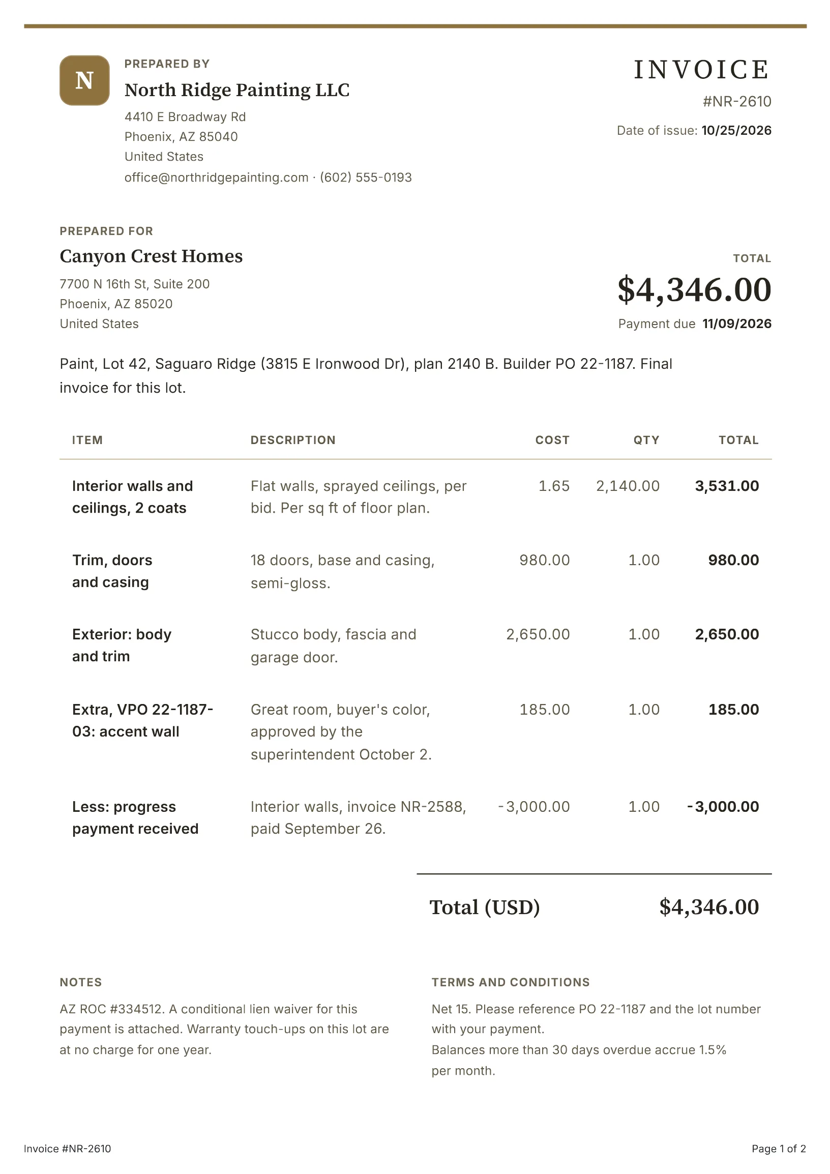 Painting invoice template: a filled-in sample made with the BillGrid free invoice generator