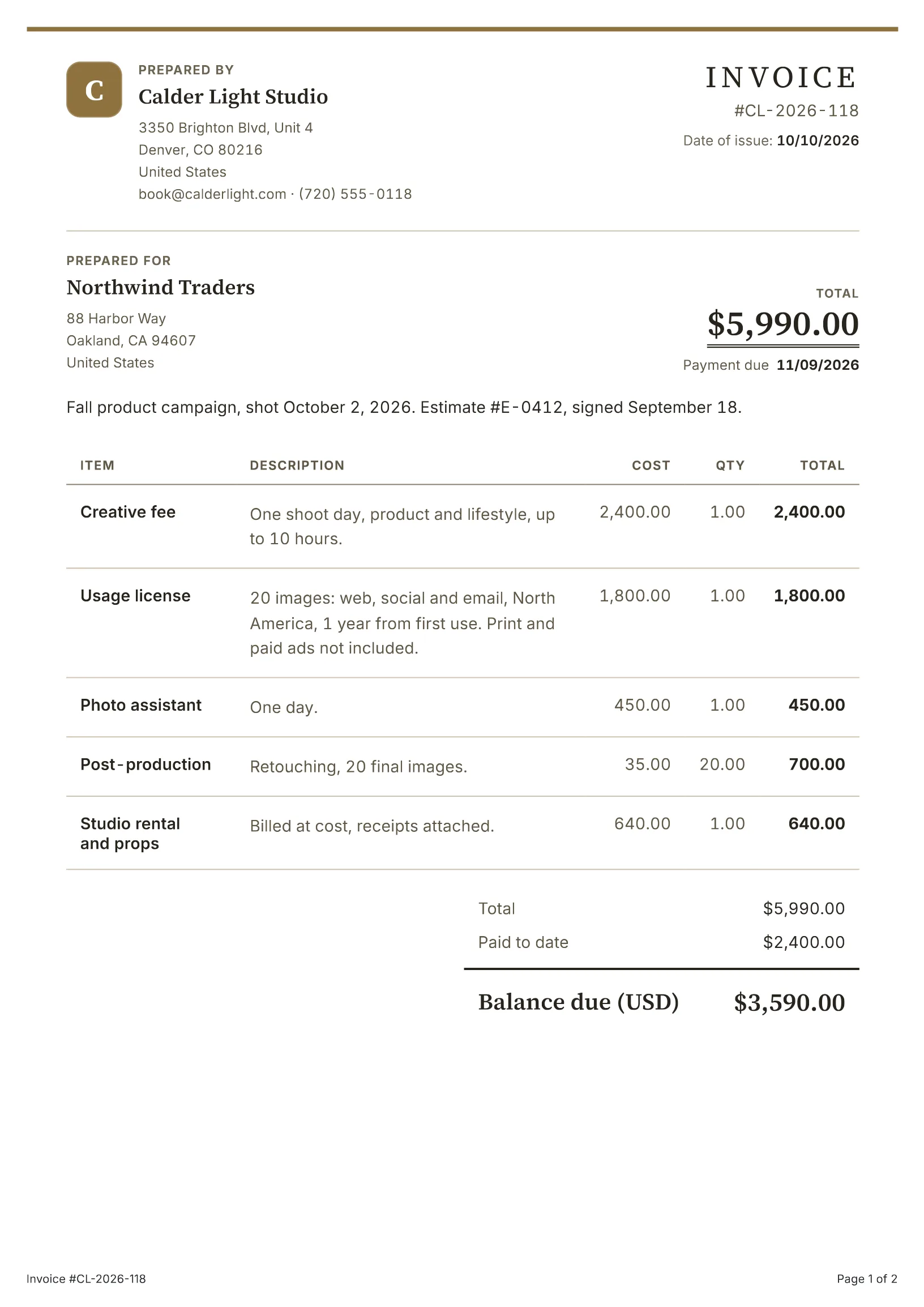 Photography invoice template: a filled-in sample made with the BillGrid free invoice generator