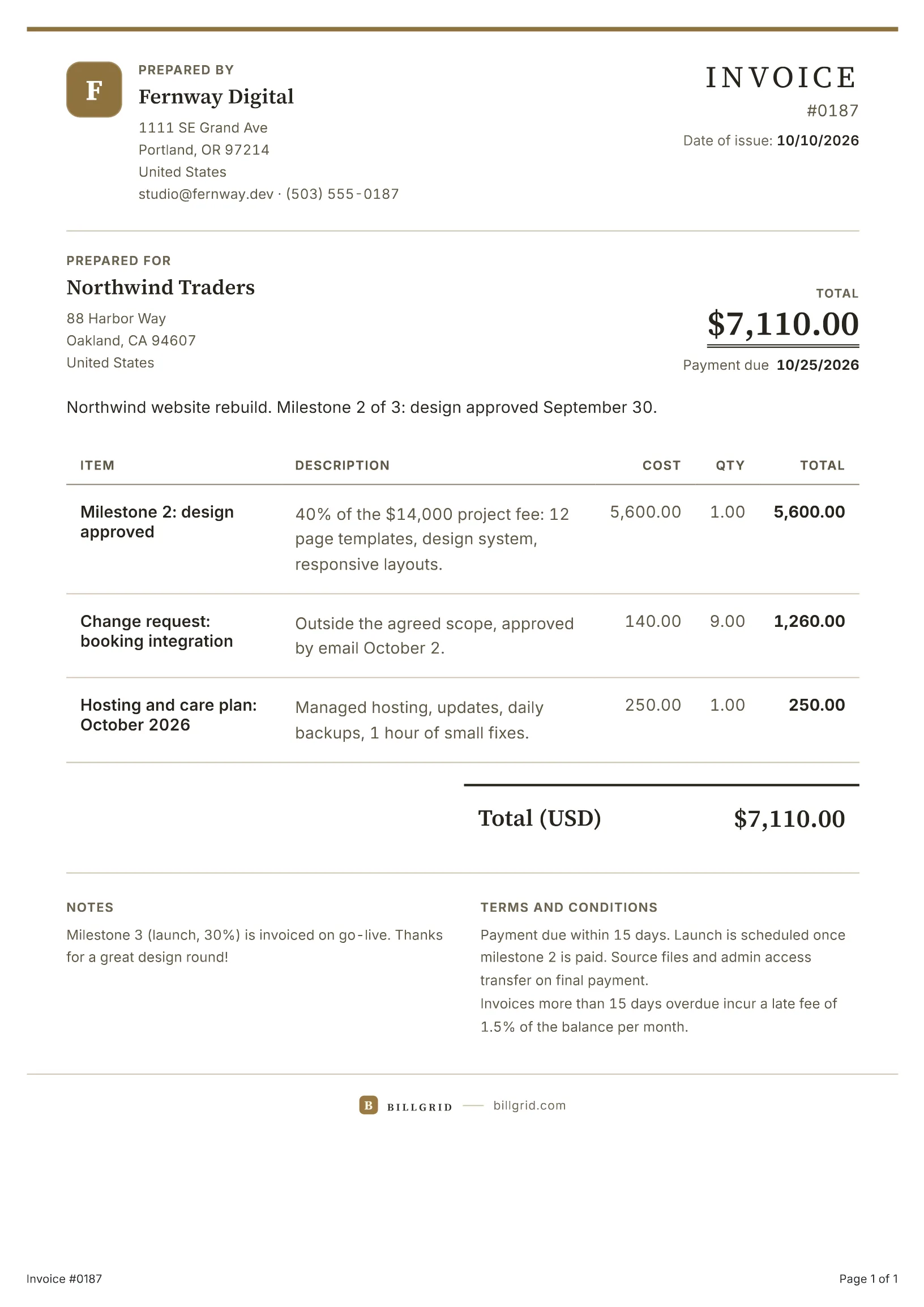 Web design invoice template: a filled-in sample made with the BillGrid free invoice generator
