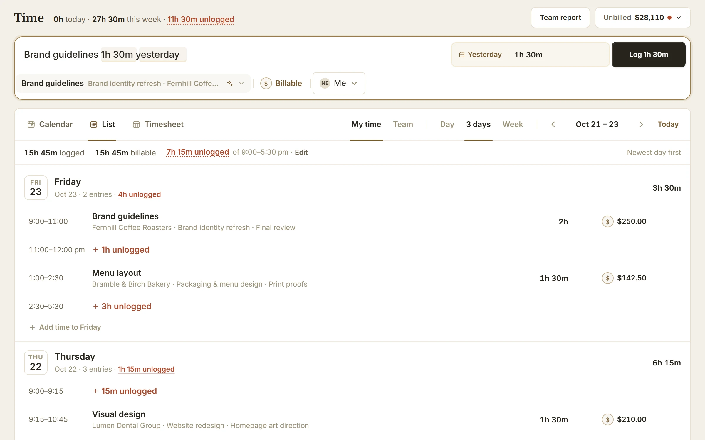 BillGrid reading the line “Brand guidelines 1h 30m yesterday”: yesterday and 1h 30m marked, the Brand guidelines task chosen and Log 1h 30m ready, above the List of the week’s days with their entries, amounts and unlogged time