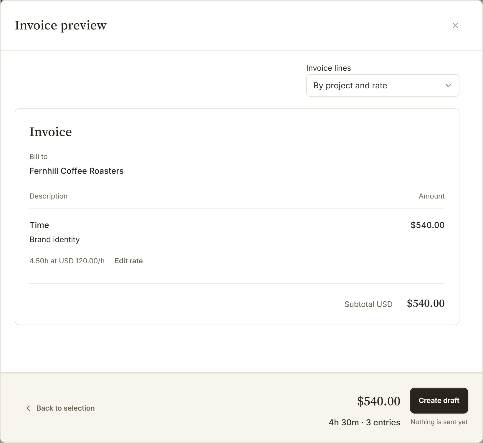 Invoice preview showing 4.5 hours of brand identity work at $120, totaling $540 before tax